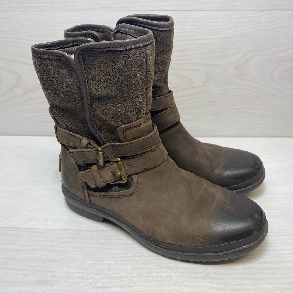 UGG Simmens Biker Boots Women's Size 6.5 Brown Leather Waterproof Buckle Straps